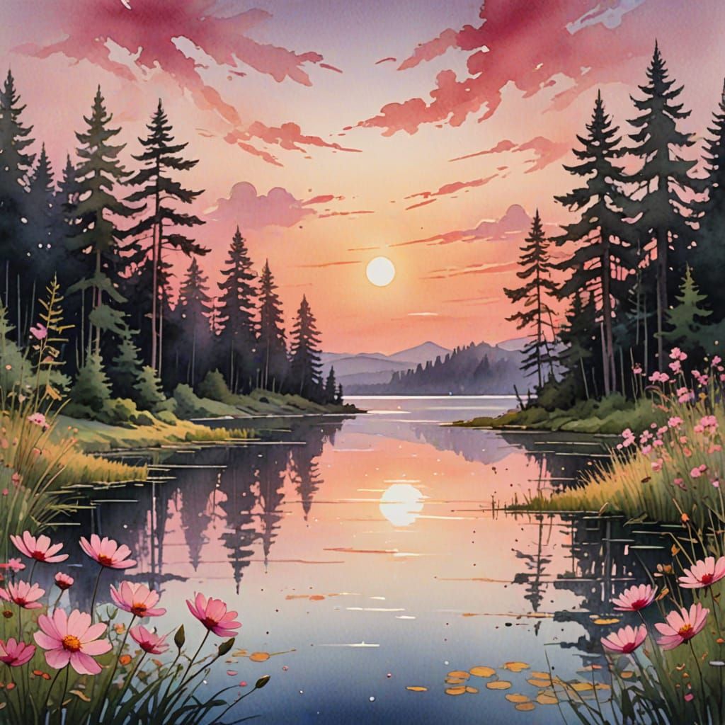 Watercolor Sunset Over Lake with Cosmos Flowers