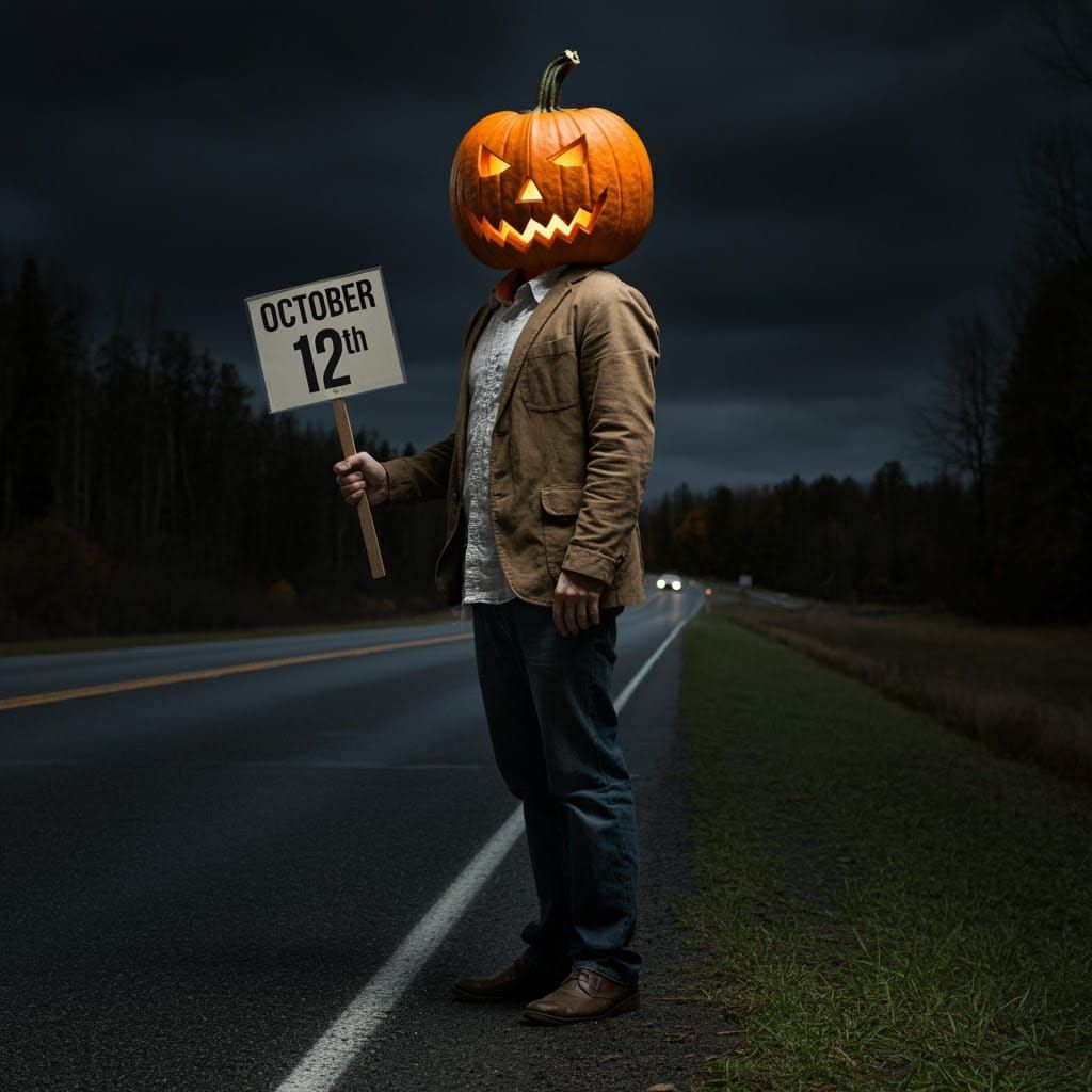 Man with Pumpkin Head Holds Sign
