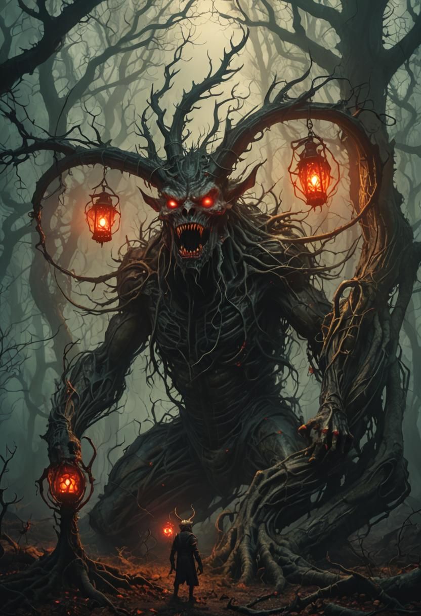 Grotesque Horned Creature in Dark Fantasy Forest