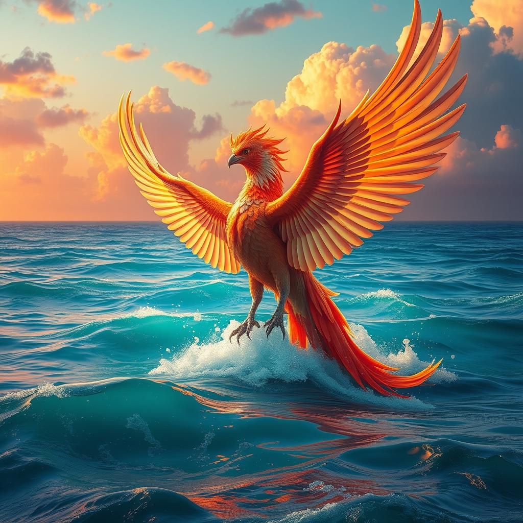 Phoenix Rising from Ocean in Dystopian Surrealism