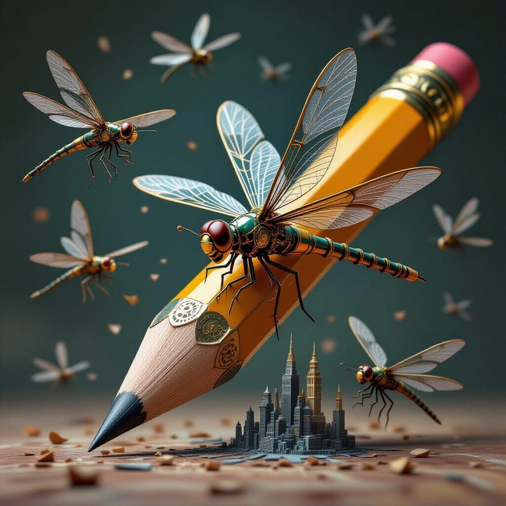 Mechanical Dragonflies Around Giant Pencil Sculpture