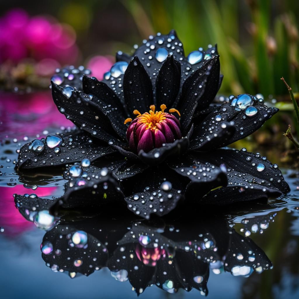 Black Dahlia with Dew Drops and Mouse