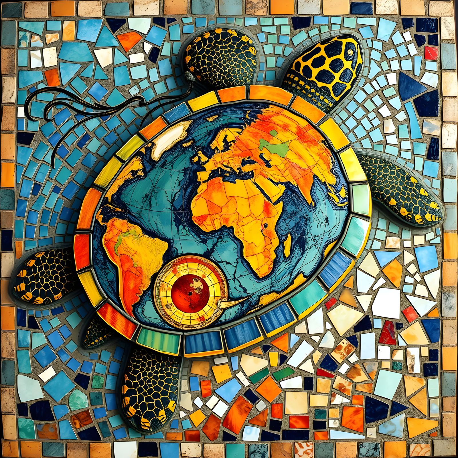 Majestic Turtle in Ancient Roman Mosaic Style