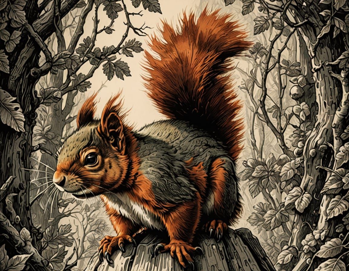 Albrecht Durer Style Etching of a Red Squirrel