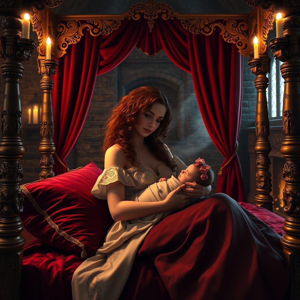 A Young Medieval Noblewoman with Her Newborn in a Luxurious ...