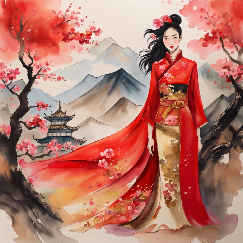 Mulan Inspired Outfit with Chinese Watercolor Background