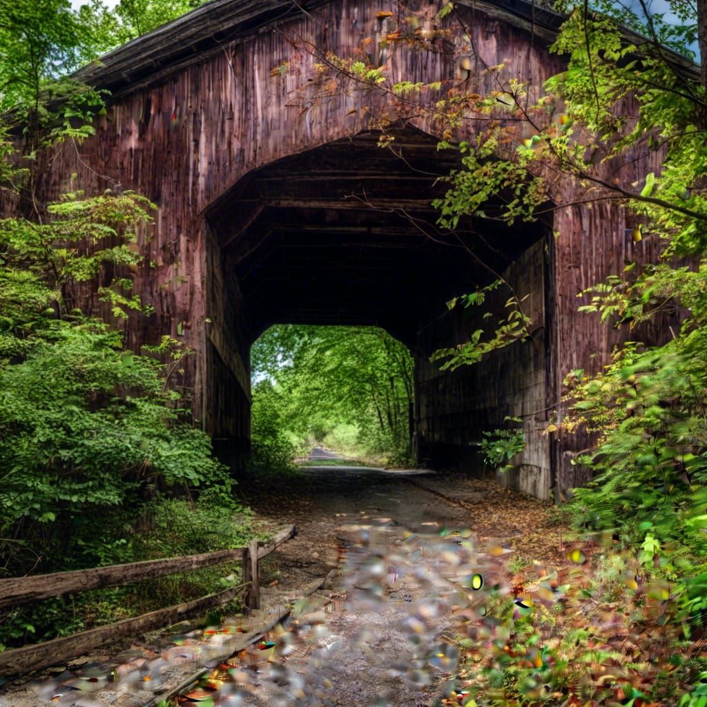 Covered Bridge and Forest Trails in Cyberpunk Style