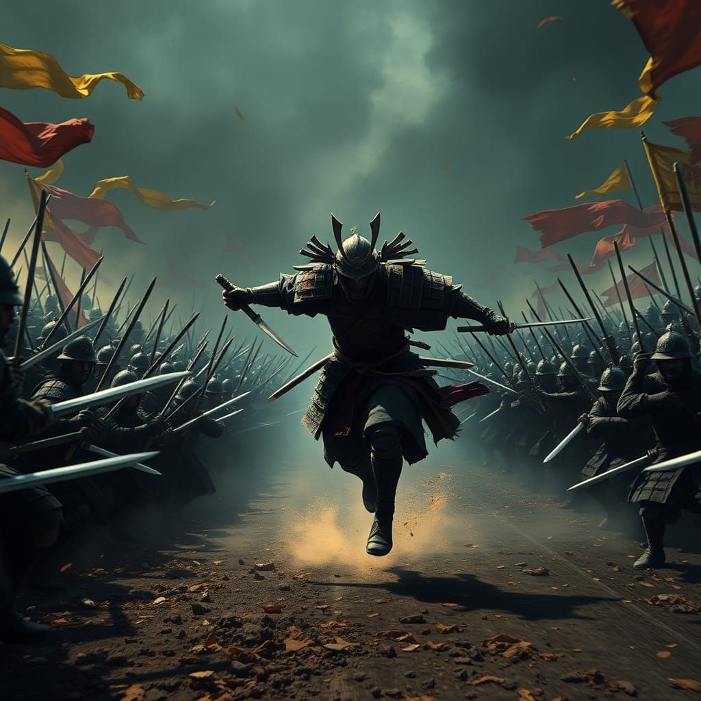 Samurai's Charge: Epic Battlefield Scene in Digital Matte Pa...