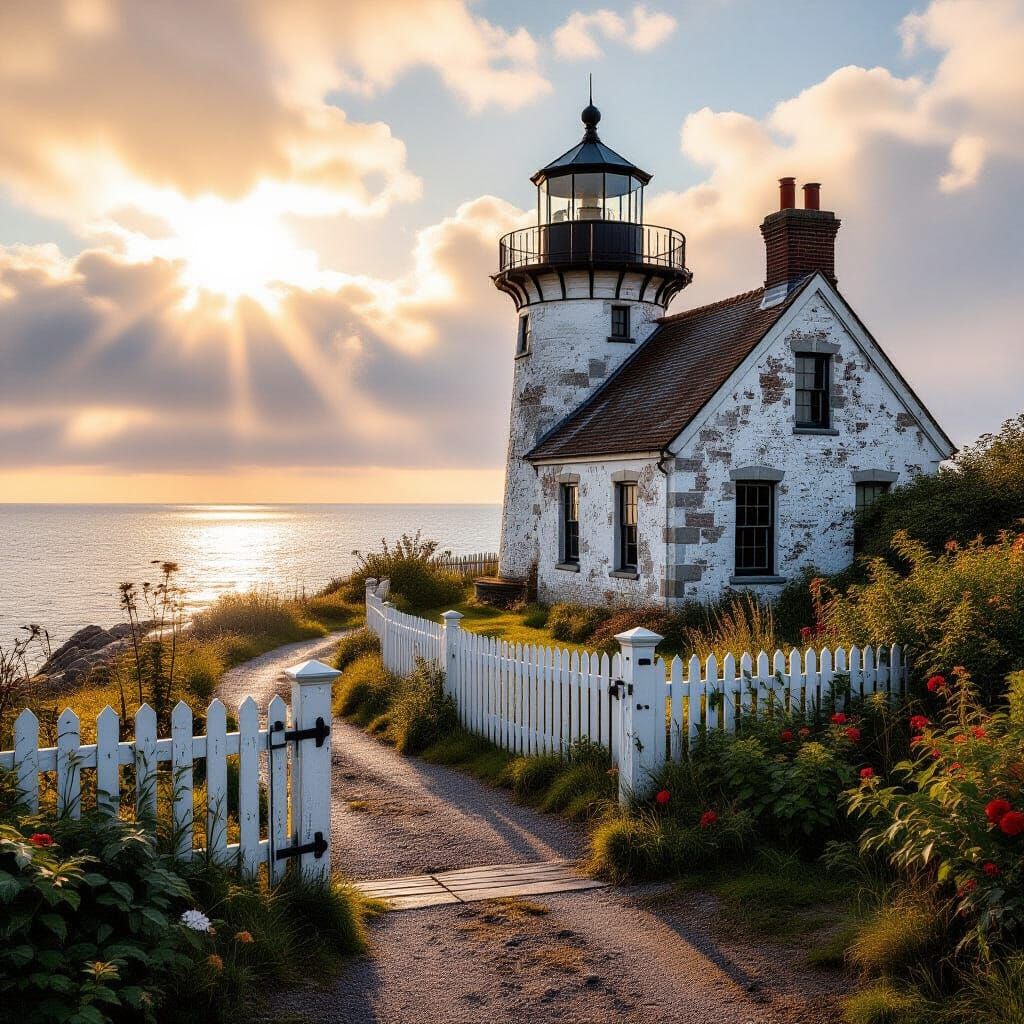 Vintage Lighthouse Cottage by Calm Sea, Overgrown Garden