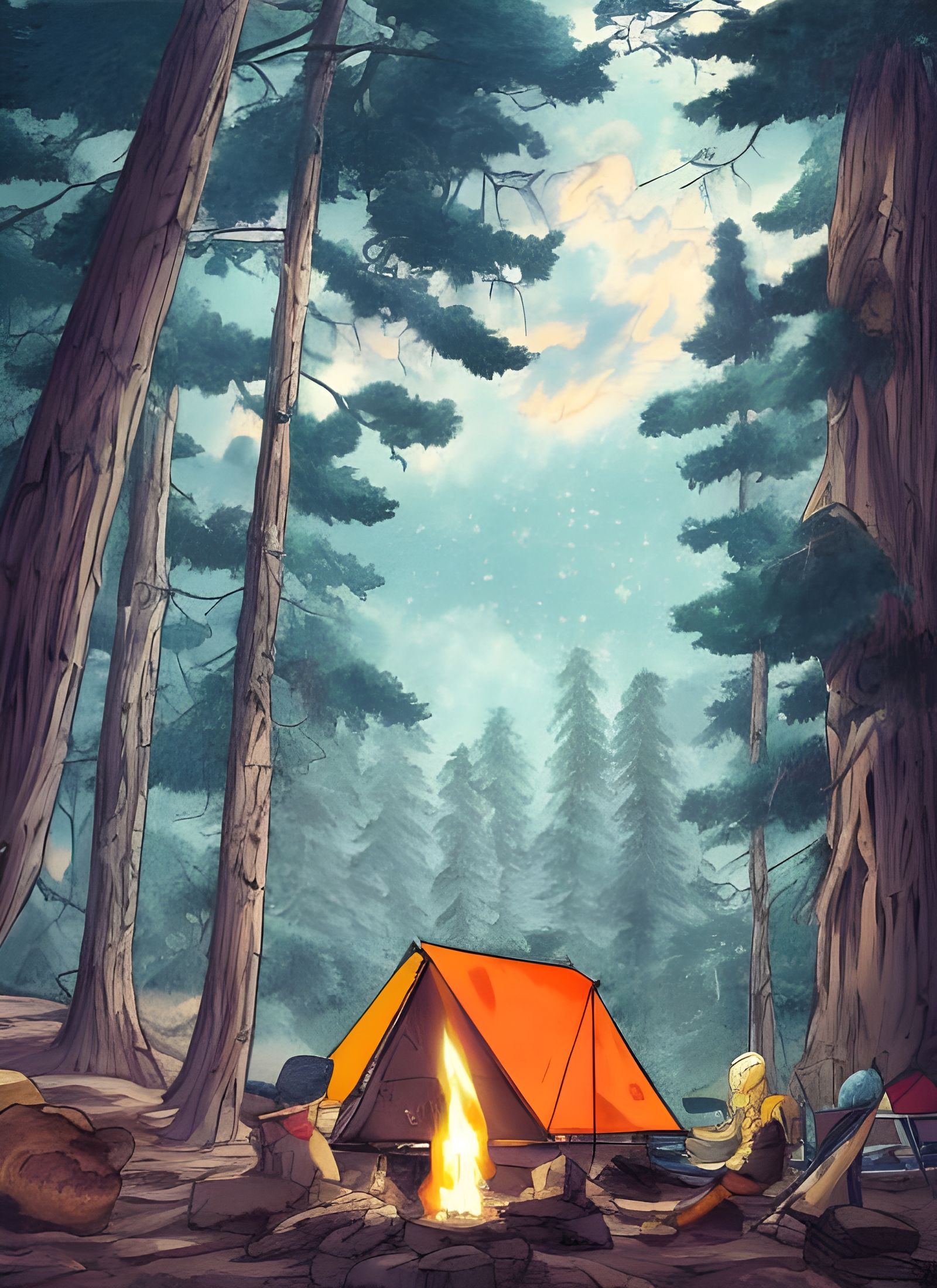 Forest Camping Under Cosmic Sky: Manga Art