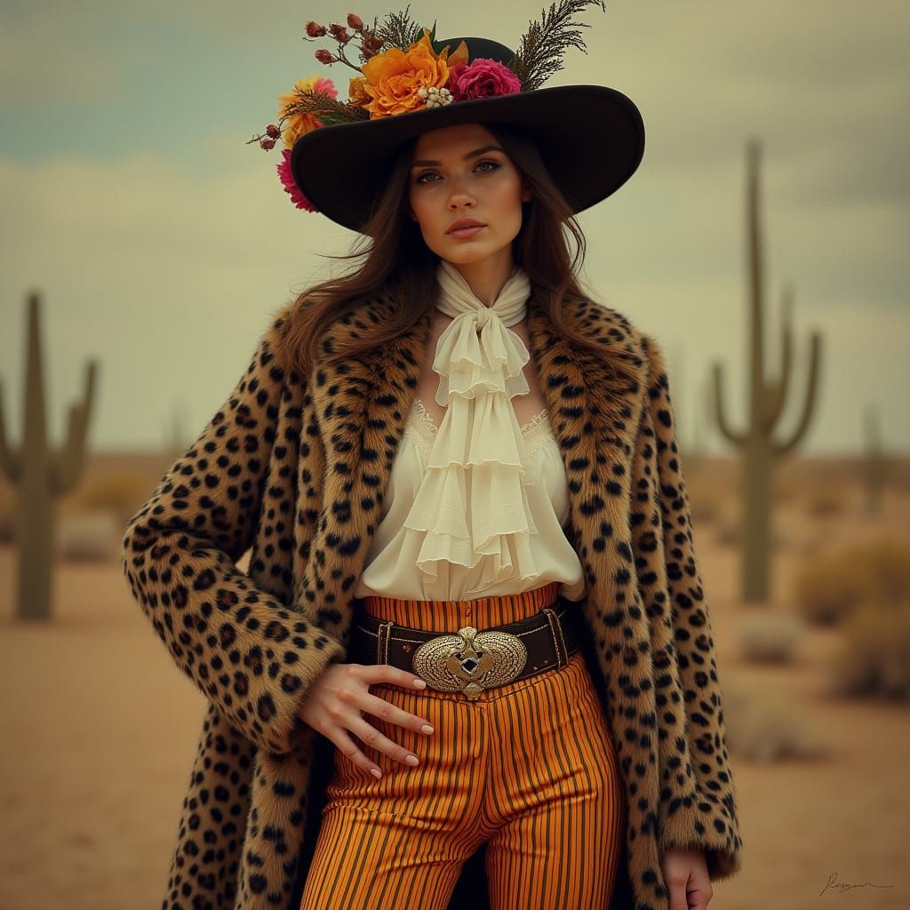 Victorian Cowgirl Lady in Leopard Print Fur Coat and Striped...