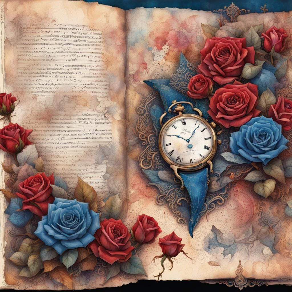Roses and Pocket Watch on Musical Journal Page