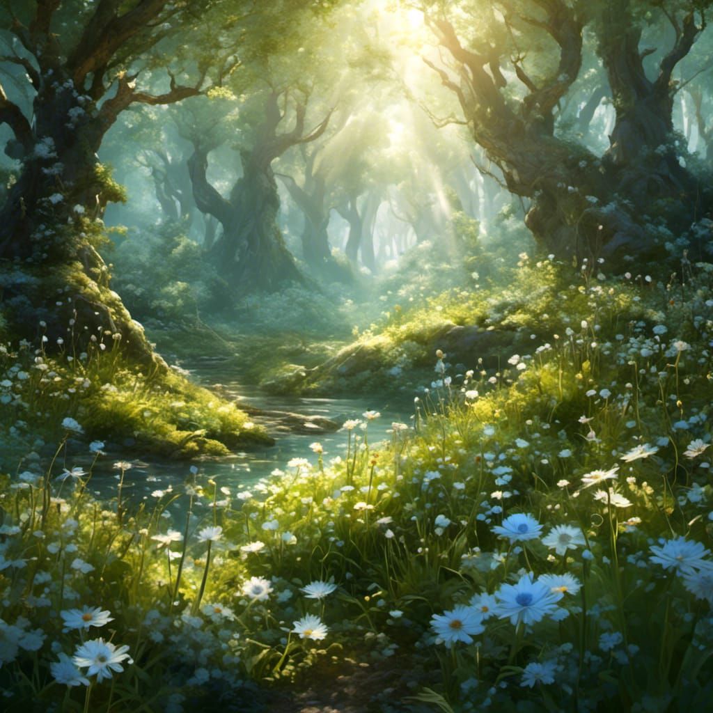 Spring Forest with Sunrays in Dreamy Digital Art