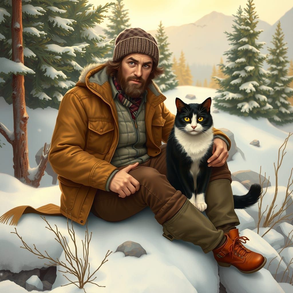 Winter Camp Scene with Adventurous Man and Tuxedo Cat