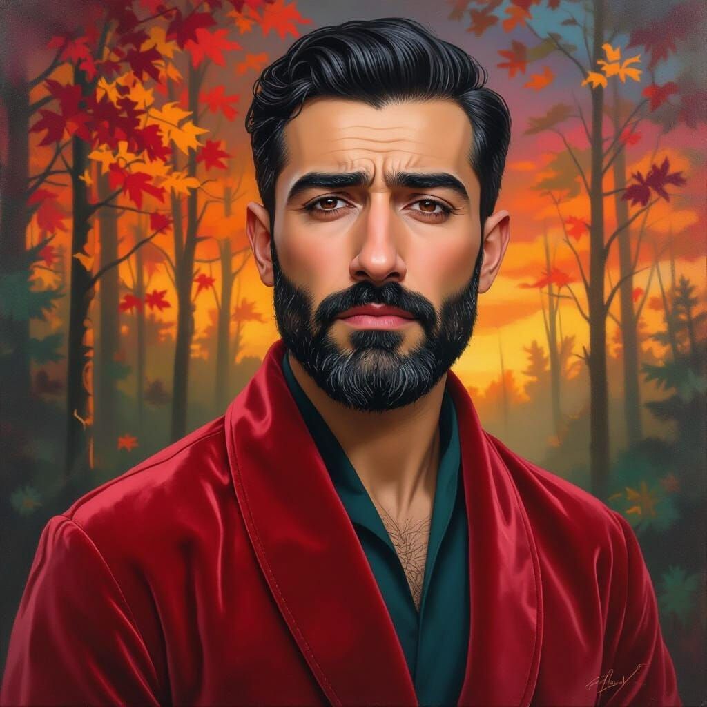 Emotional Portrait of a Man in Forest Fire Light