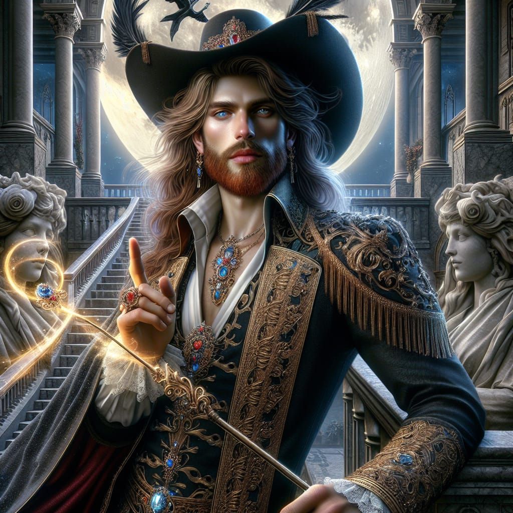 Fantasy Prince Descending Castle Stairs in Baroque Style