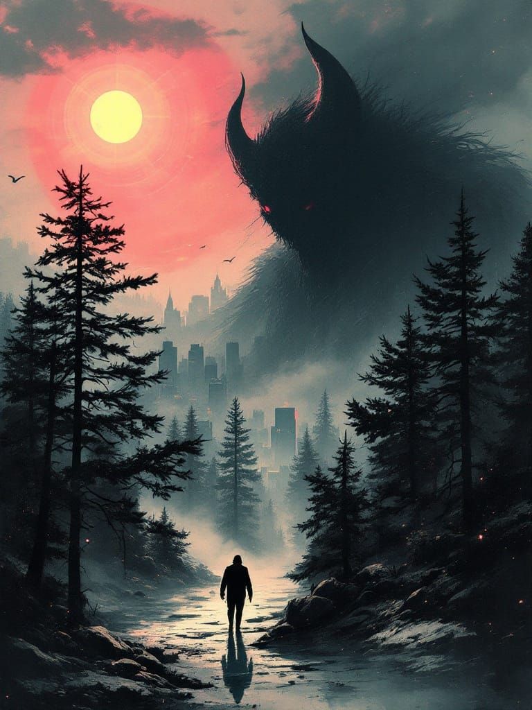 Ethereal Horror Unfolds over a Cityscape in Dark, Surreal Be...