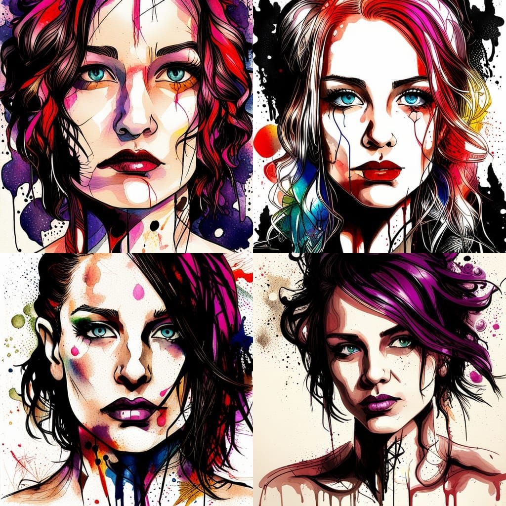 Goth Female Portrait in Pen and Ink with Color