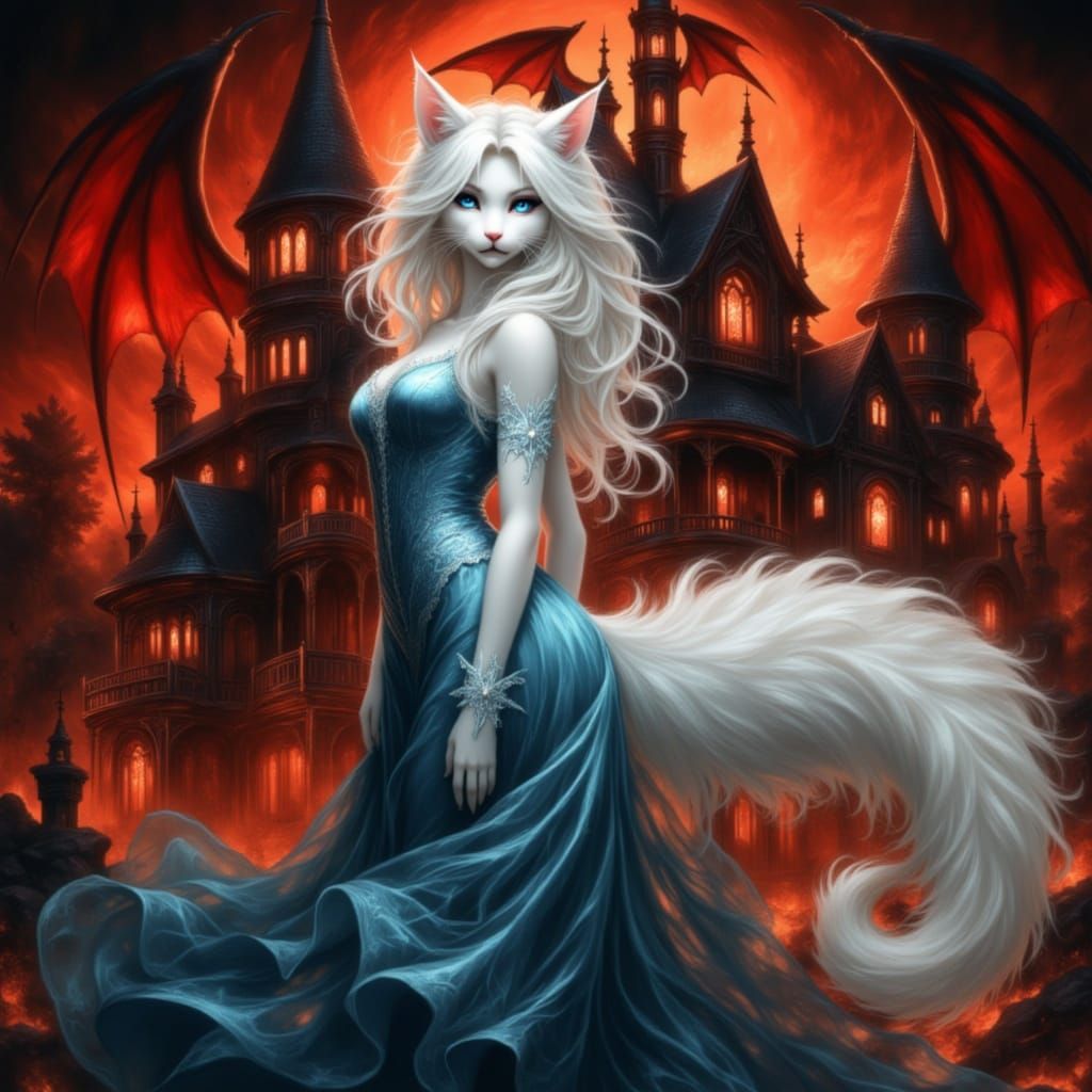 White Cat with Demon Wings in Dark Fantasy Style