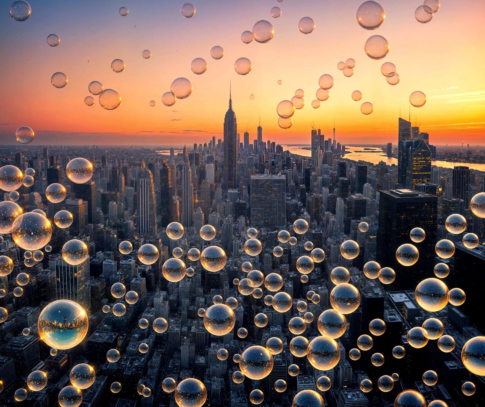 Dreamlike Sunset Skyline Made of Bubbles