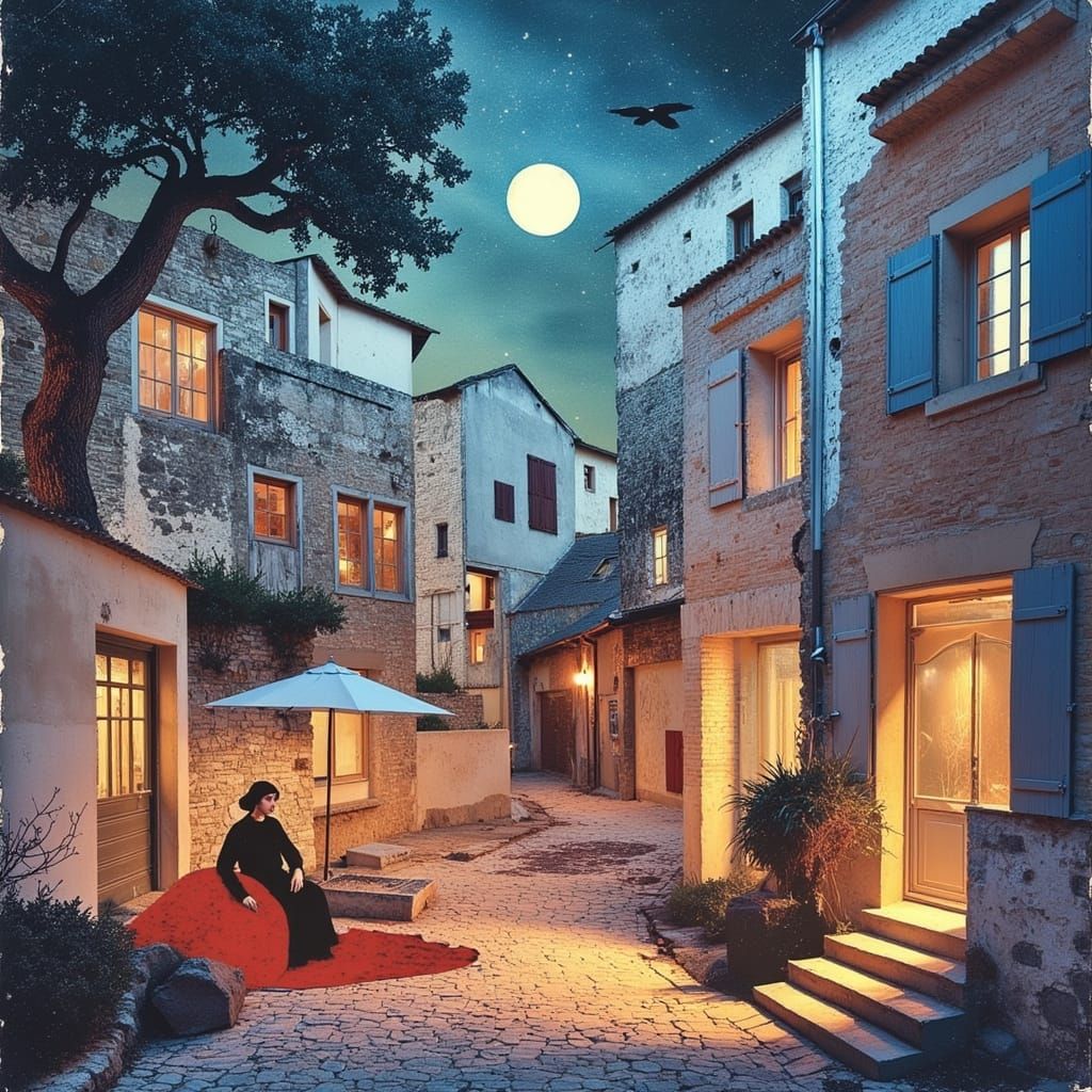 Surreal Provençal Village Street at Night in Futuristic Styl...
