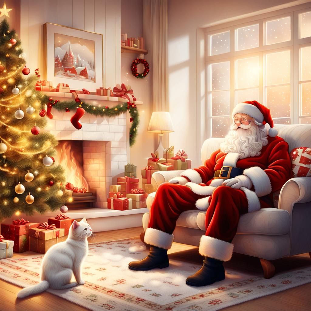 Festive White Cat Christmas Illustration