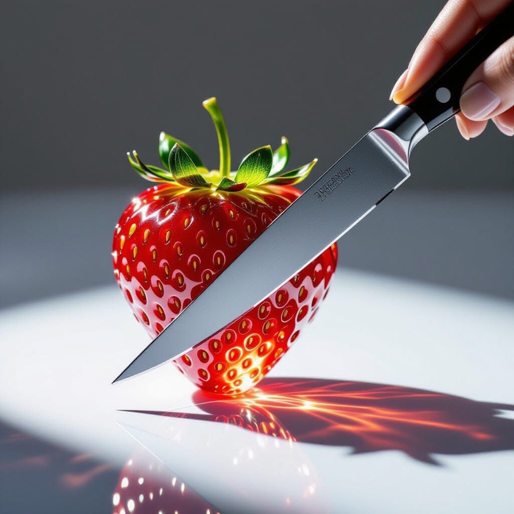 Glass Strawberry Sliced by Knife in Hyperrealistic Style