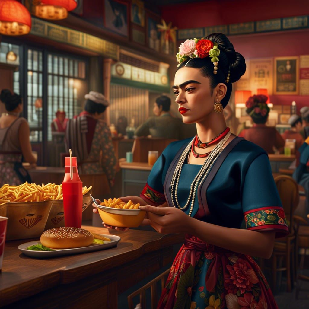 Frida Kahlo as Anime Fast Food Worker