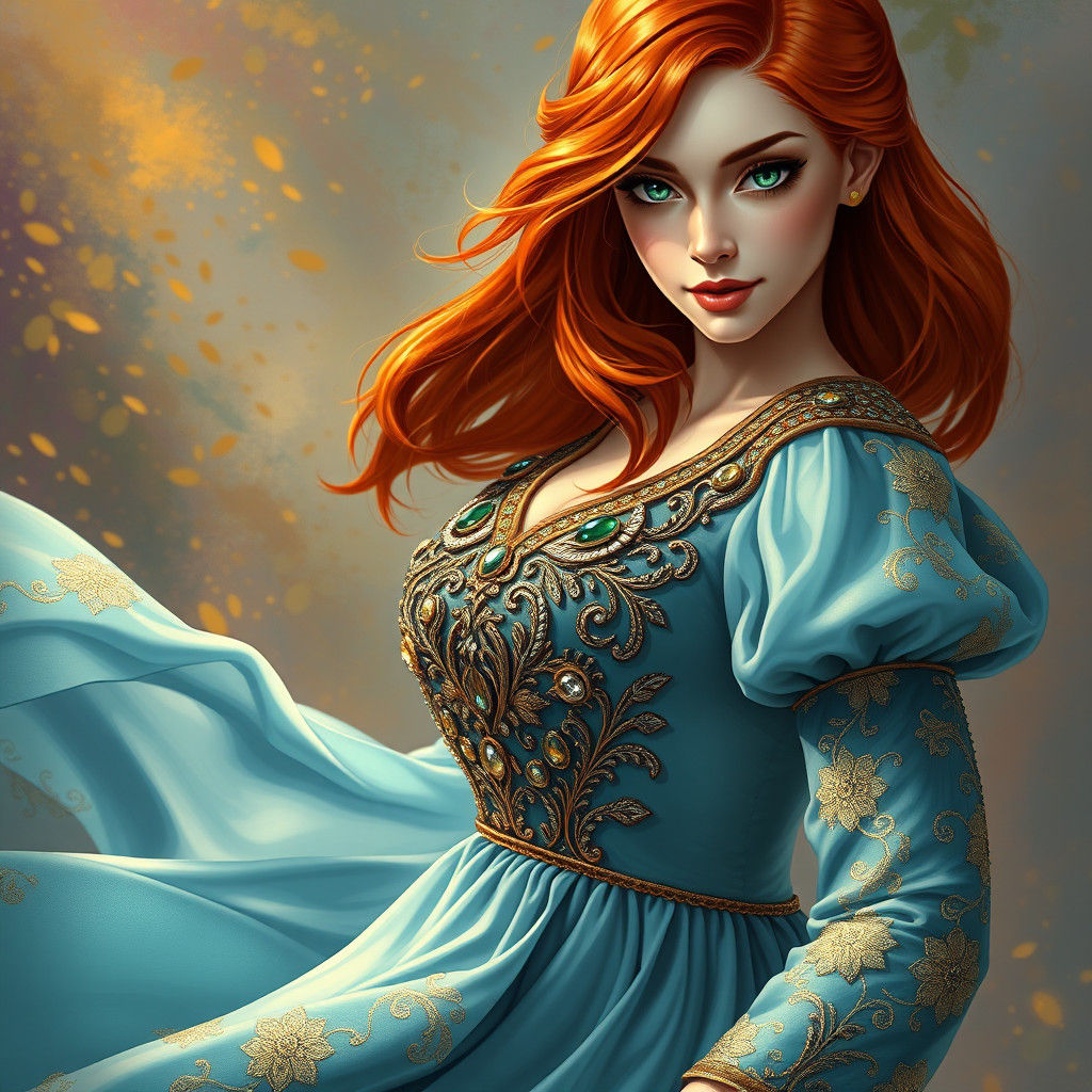 Medieval Lady with Red Hair in Art Nouveau Style