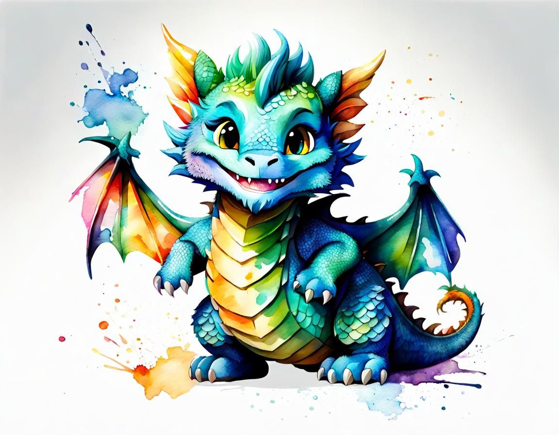 Happy Mythical Dragon-Kitten in Watercolor Ink Style