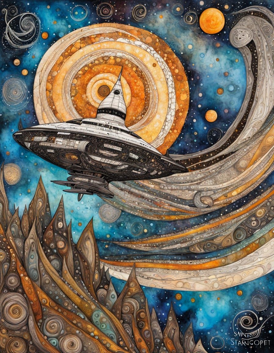 Spaceship in Swirling Starscape Zentangle Alcohol Ink Style