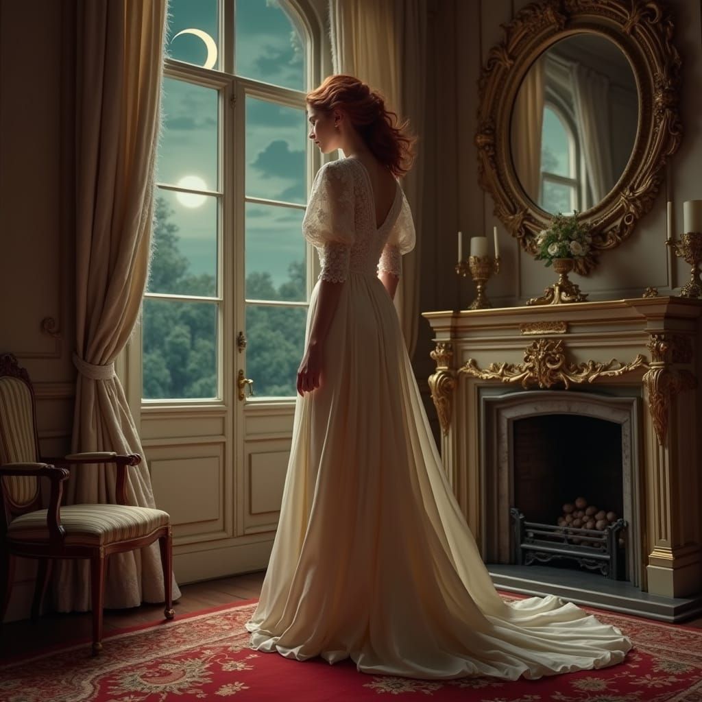 Elegant Woman in Vintage Style Gown Before Moonlit Window