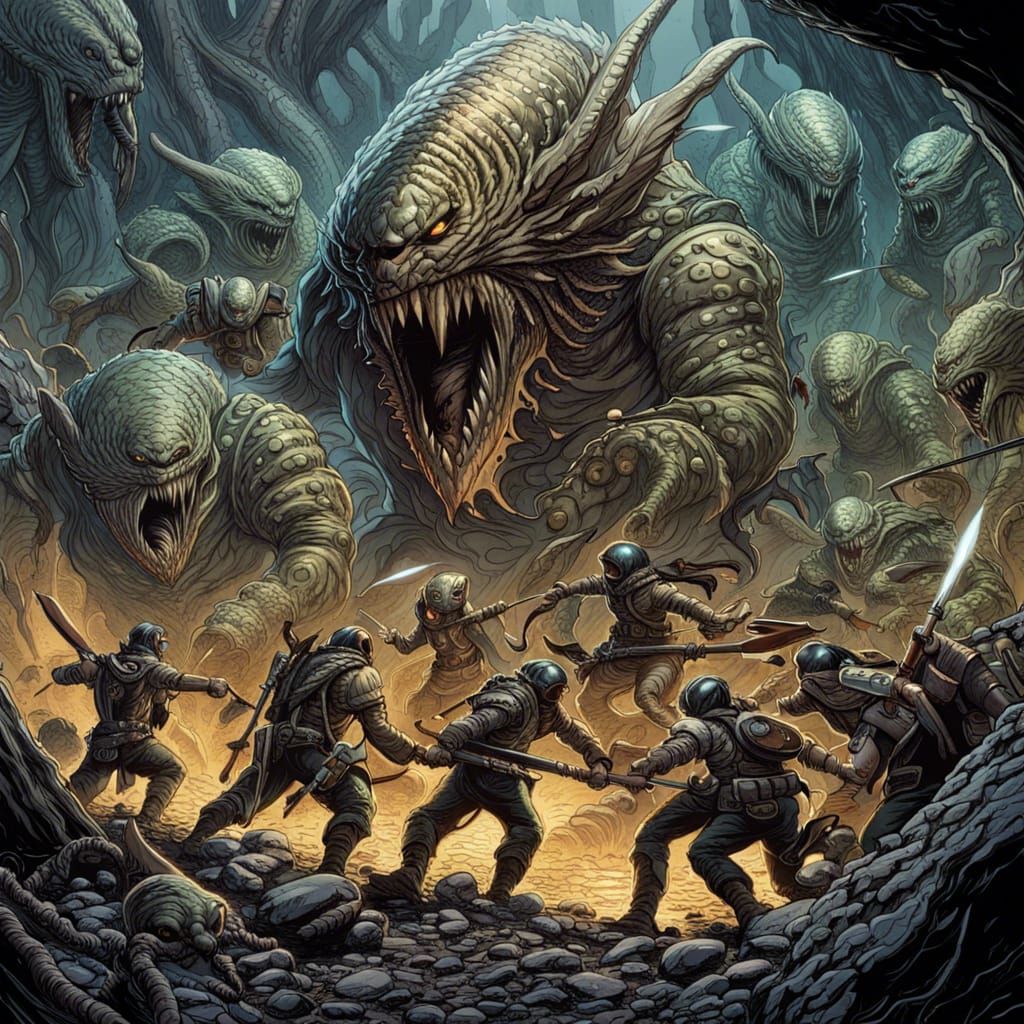 Warriors Hunting Alien Monster in Sci-Fi Comic Art
