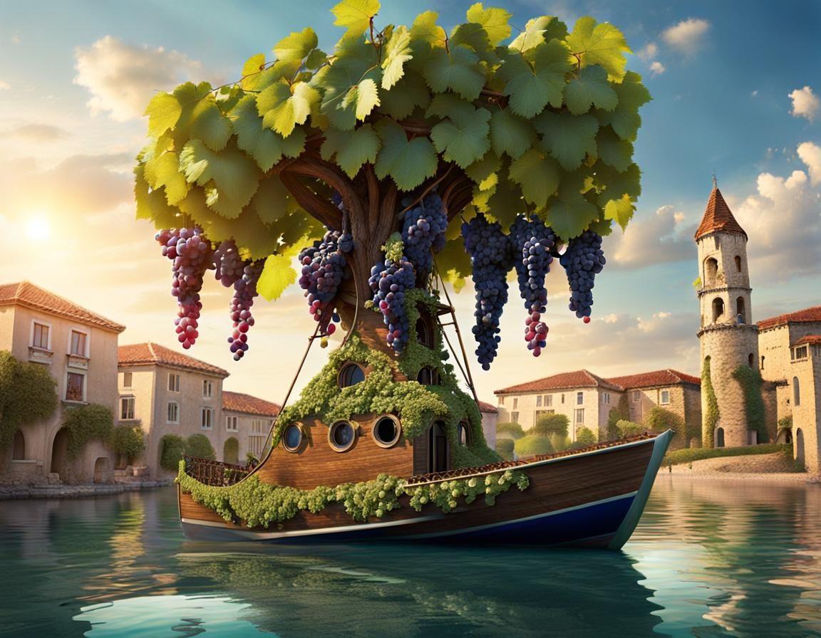 Wine Bottle Boat Sailing in a Grape Fantasy