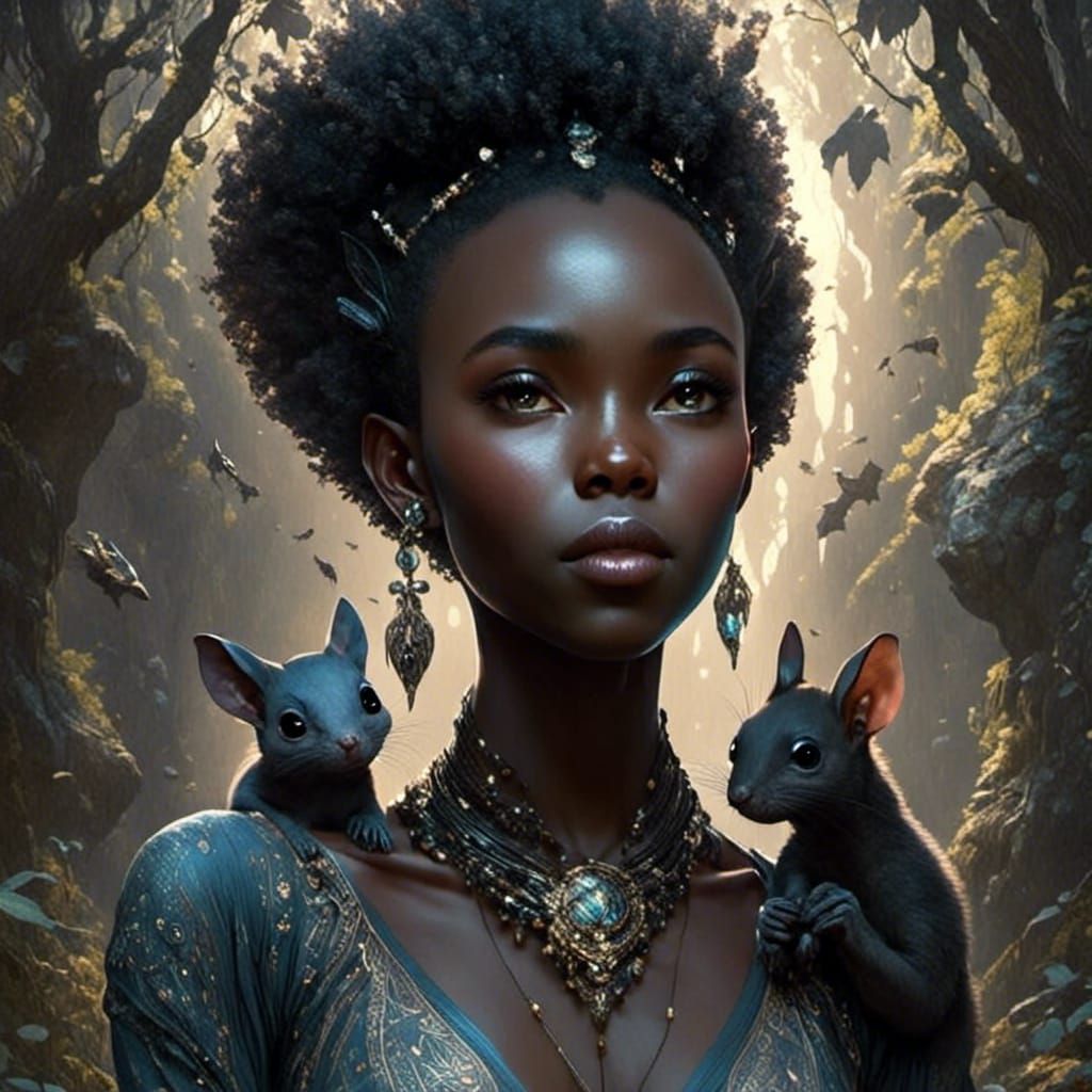 Senegalese-Elf with Bat-Squirrel in Enchanted Forest
