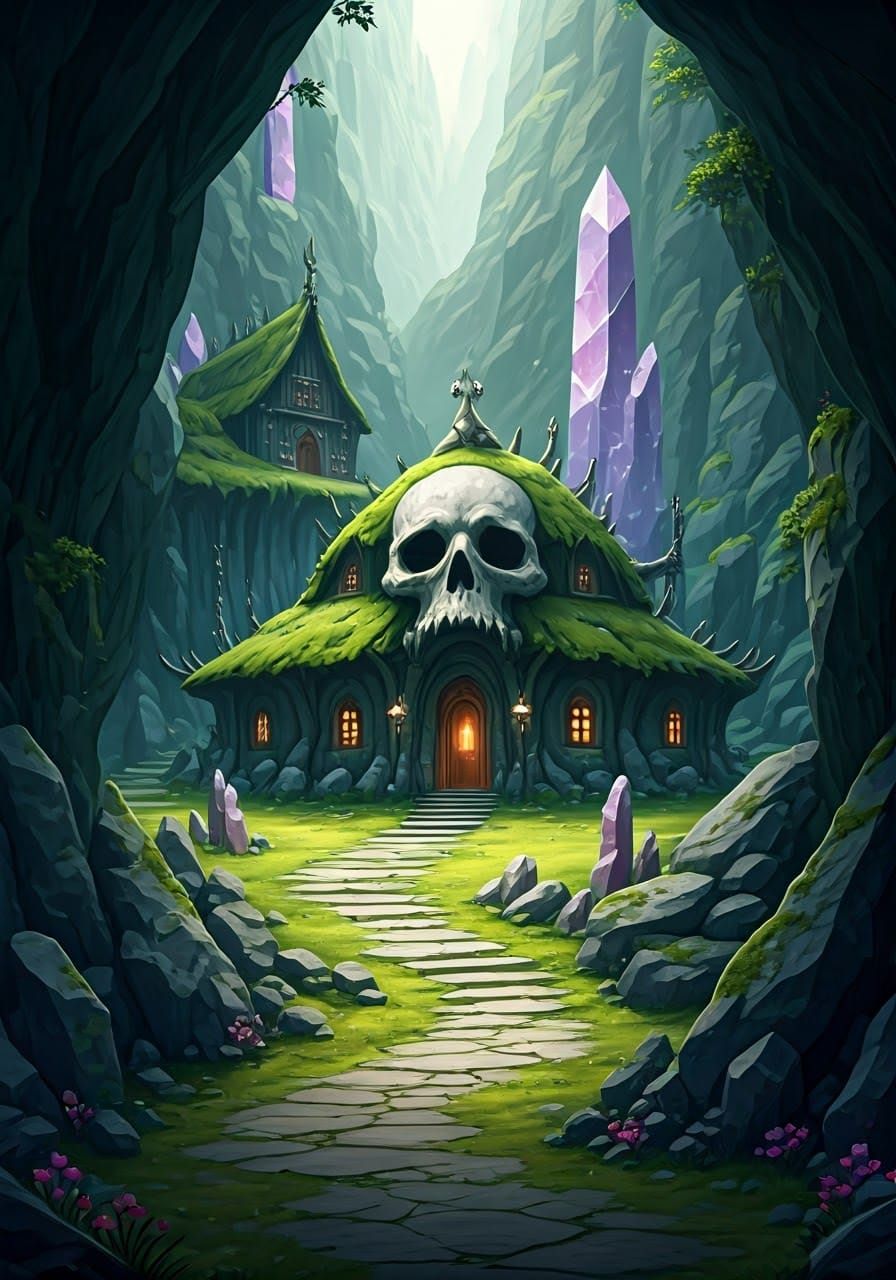 Mystical Village in Gemstone Canyon: Fantasy Art