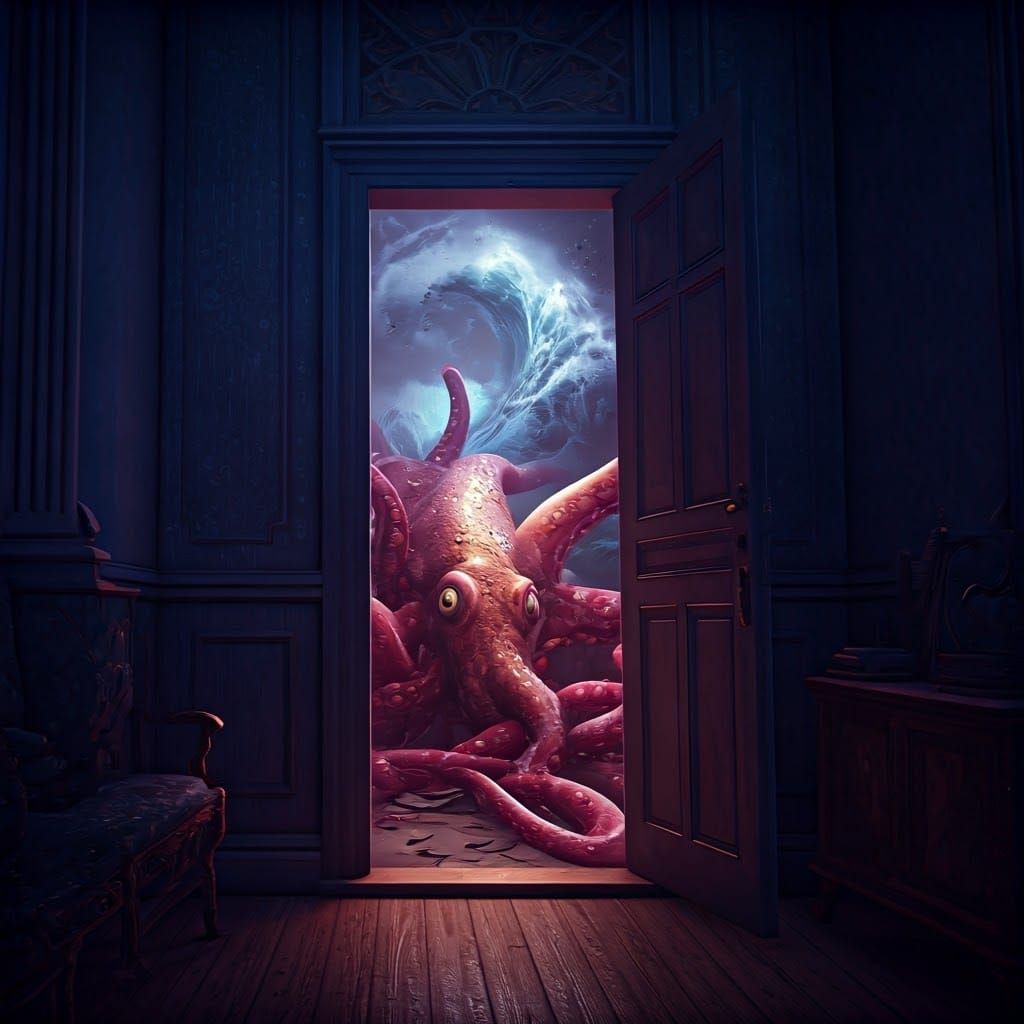 Giant Squid Attack in Sinister Dark Fantasy Style