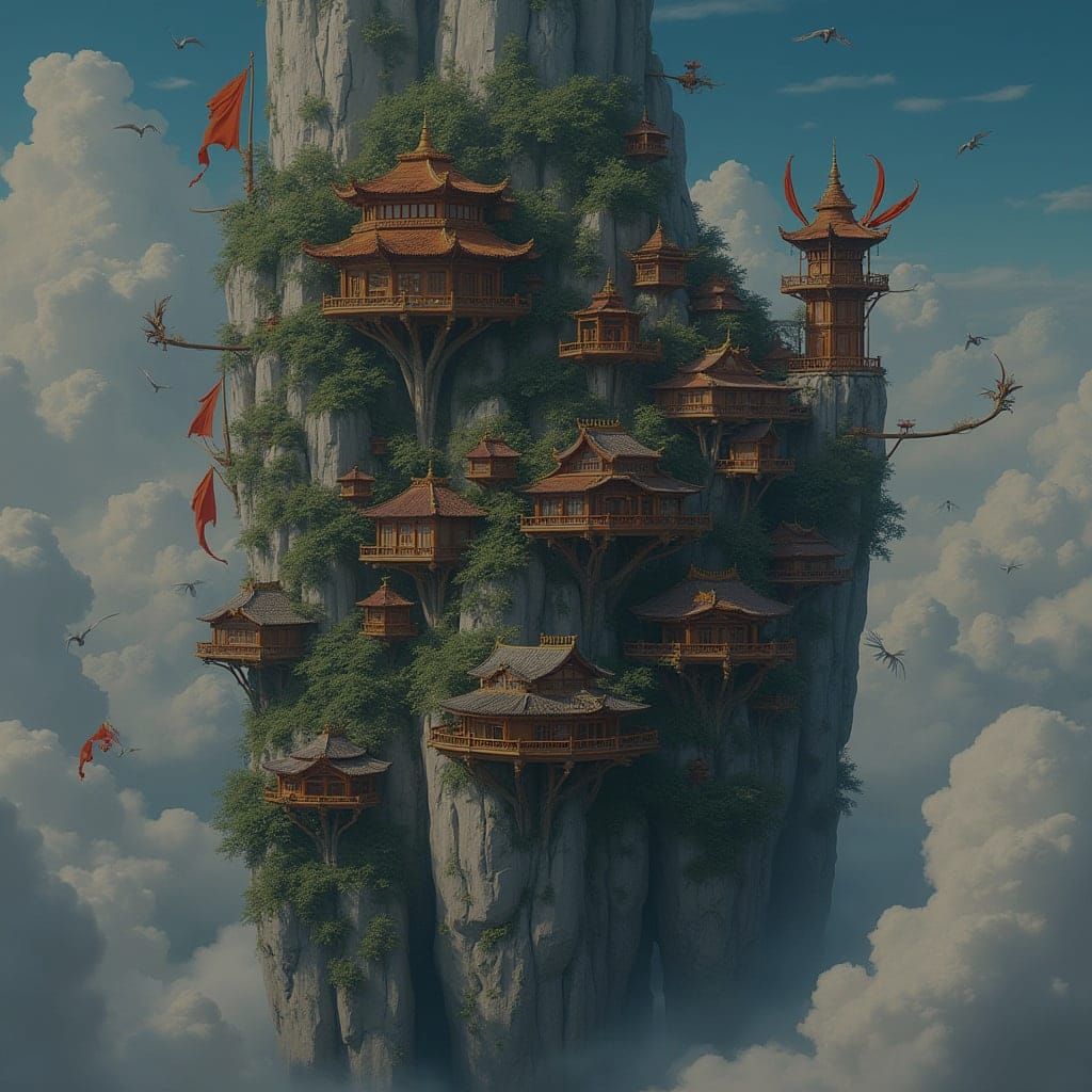 Cliffside Village with Pagodas and Windmills