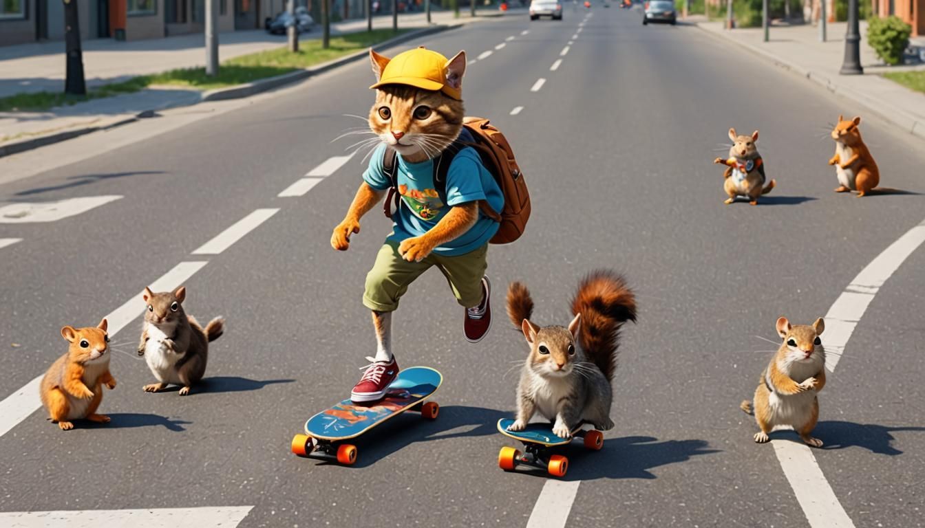 Cat on Skateboard with Musical Animals