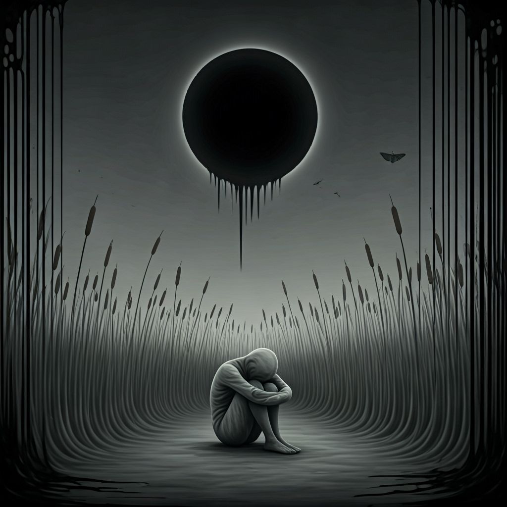 Desolate Figure in Grey Field with Black Sun