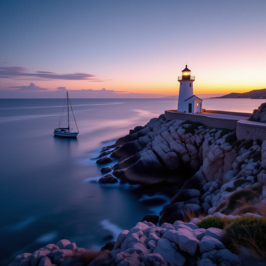 Lighthouse on Steep Cliff with Ships Wrecking at Sunset