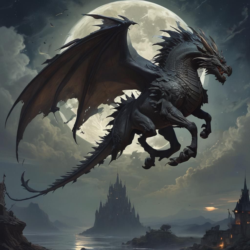 Winged Dragon-Horse in Dark Fantasy Style