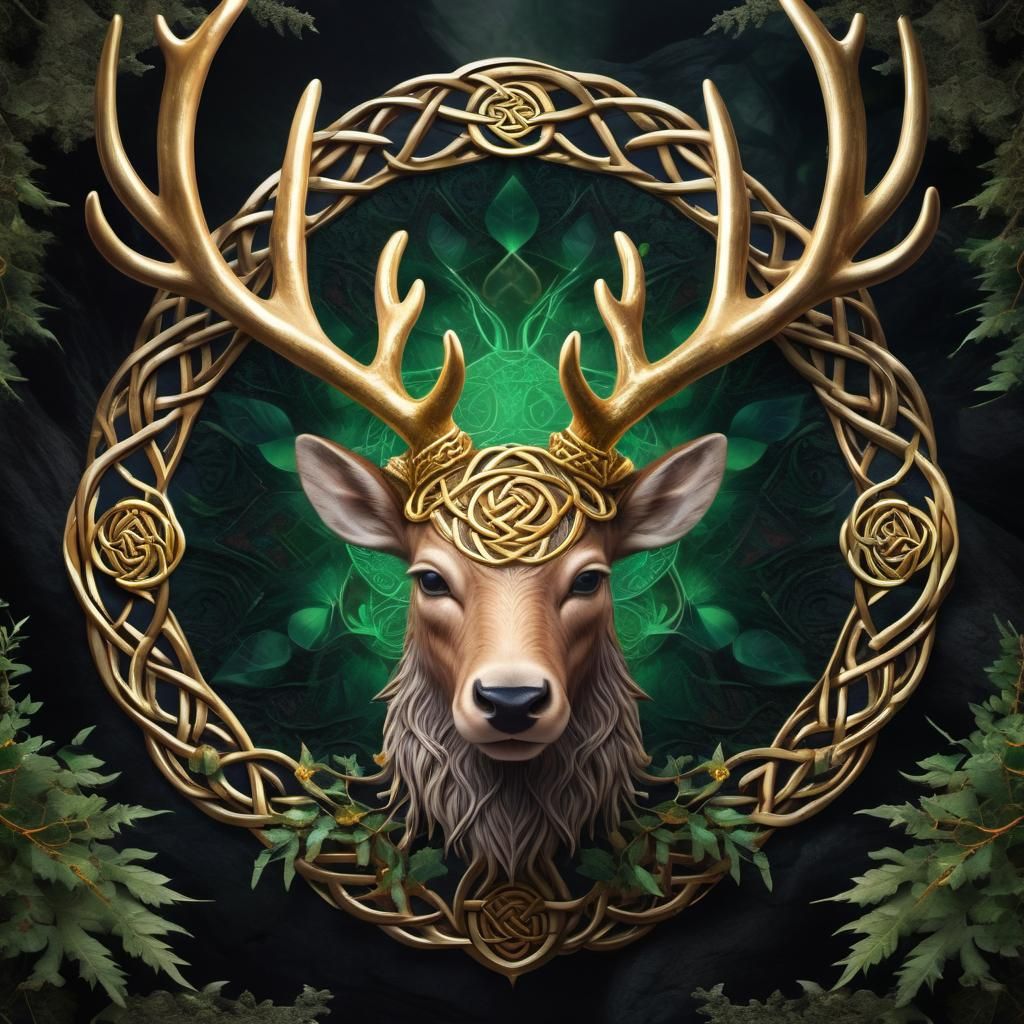 Reindeer King with Celtic Knot in Aurora Forest