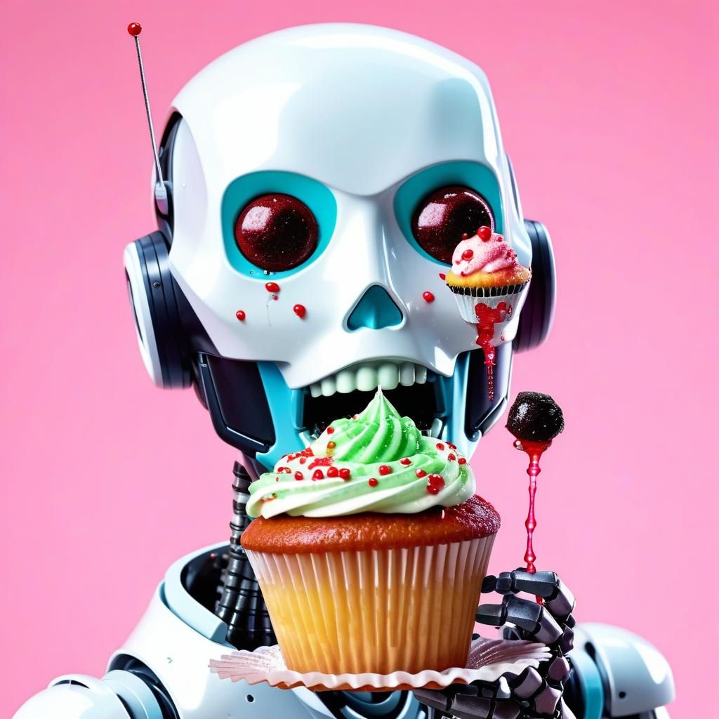 Robot Woman Enjoys Cupcake with Boba