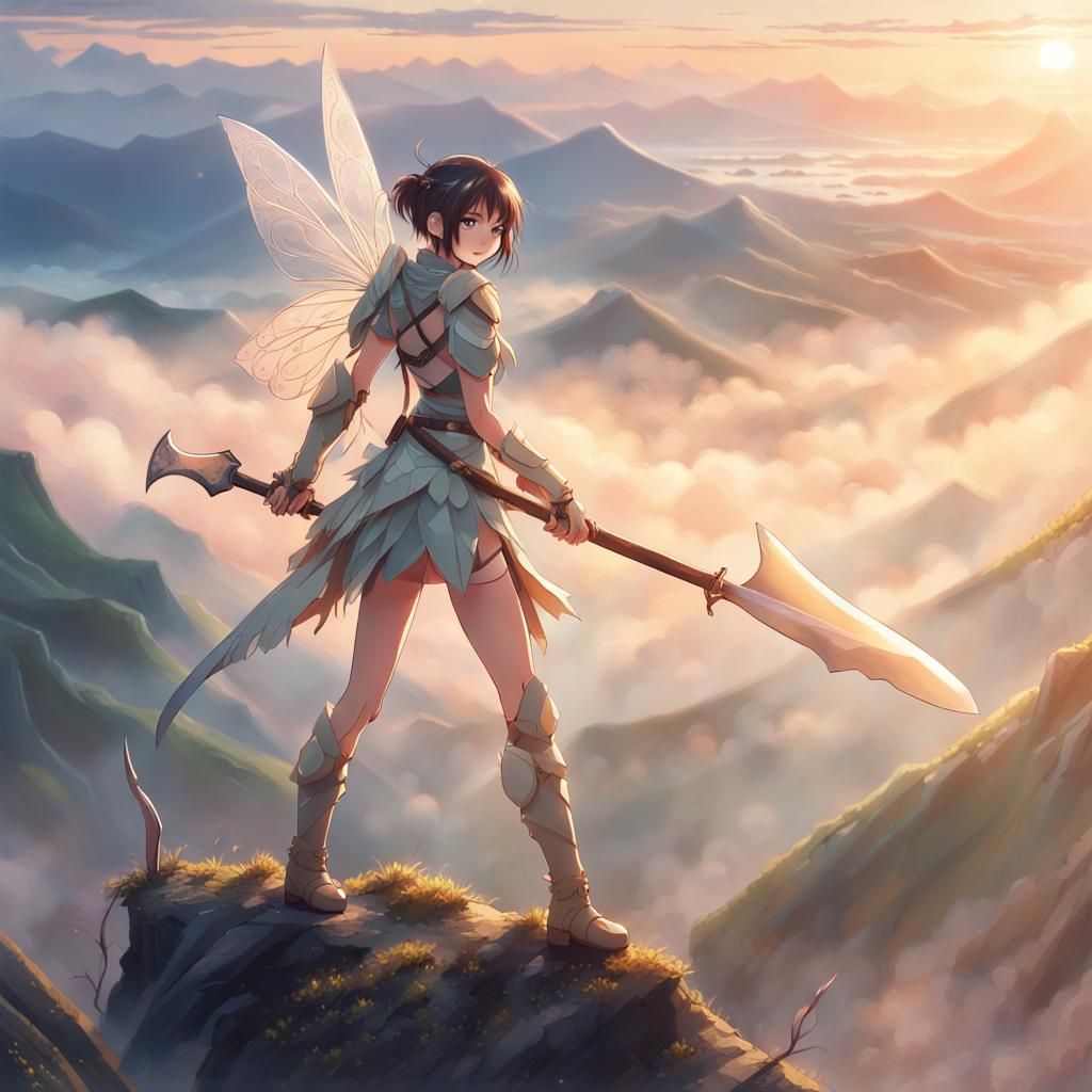 anime portrait of a fairy with her battle axe and daggers