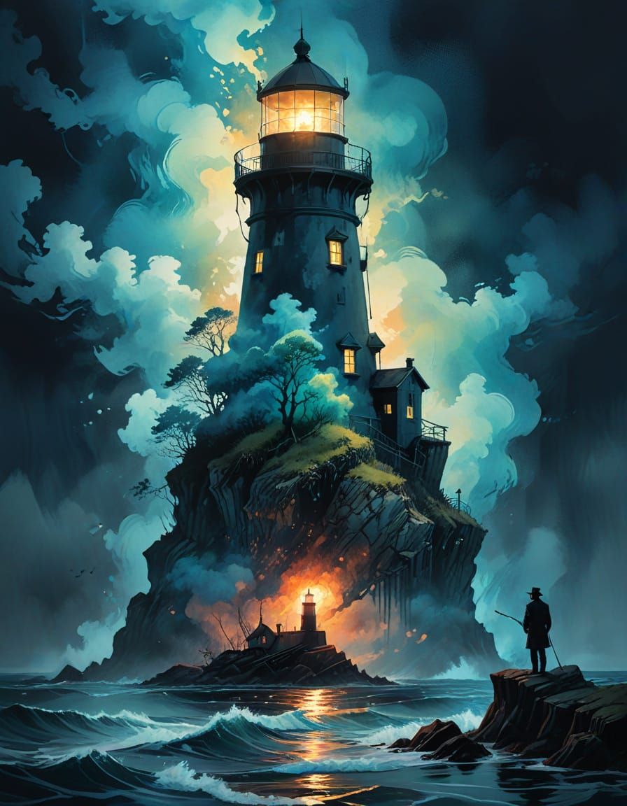Lighthouse Keeper Merges with Dreamy Seascape in Ethereal Ar...