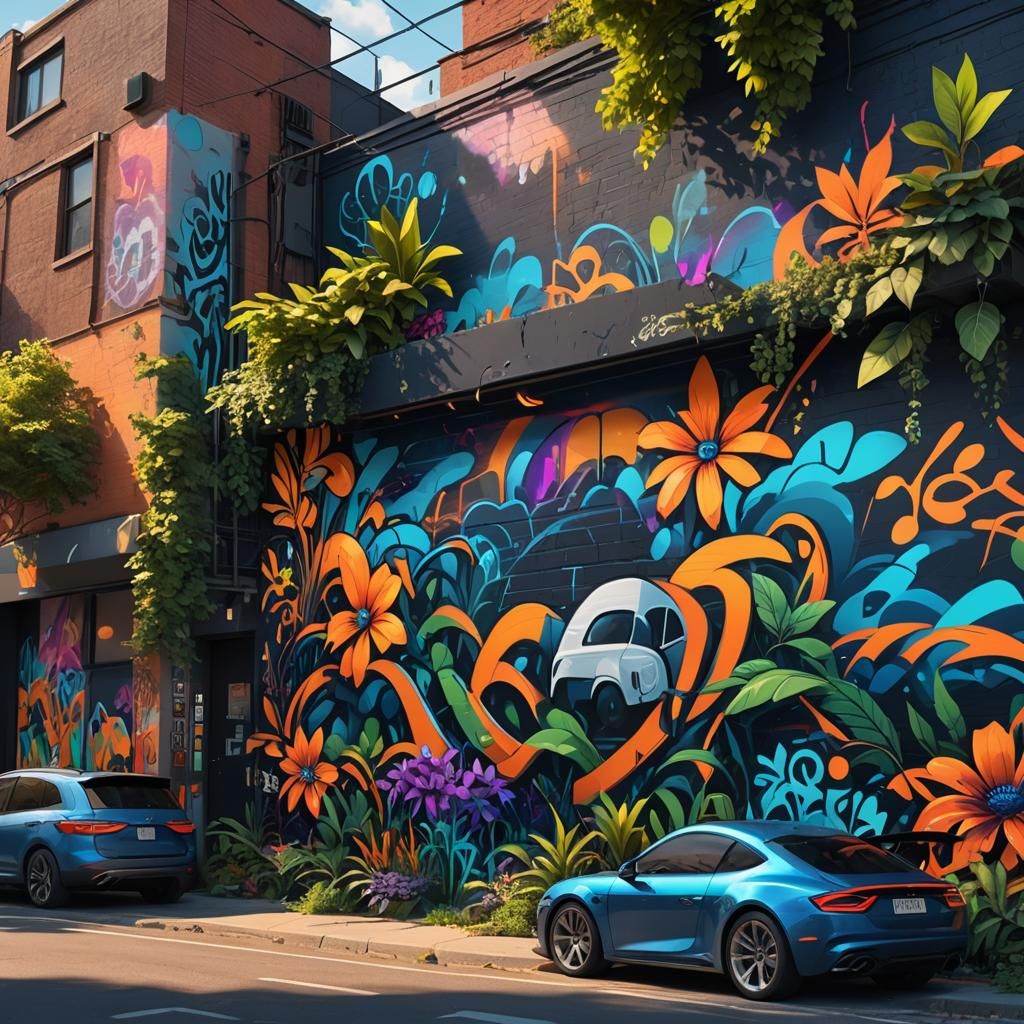 Futuristic Graffiti Mural of Eco-Friendly Community