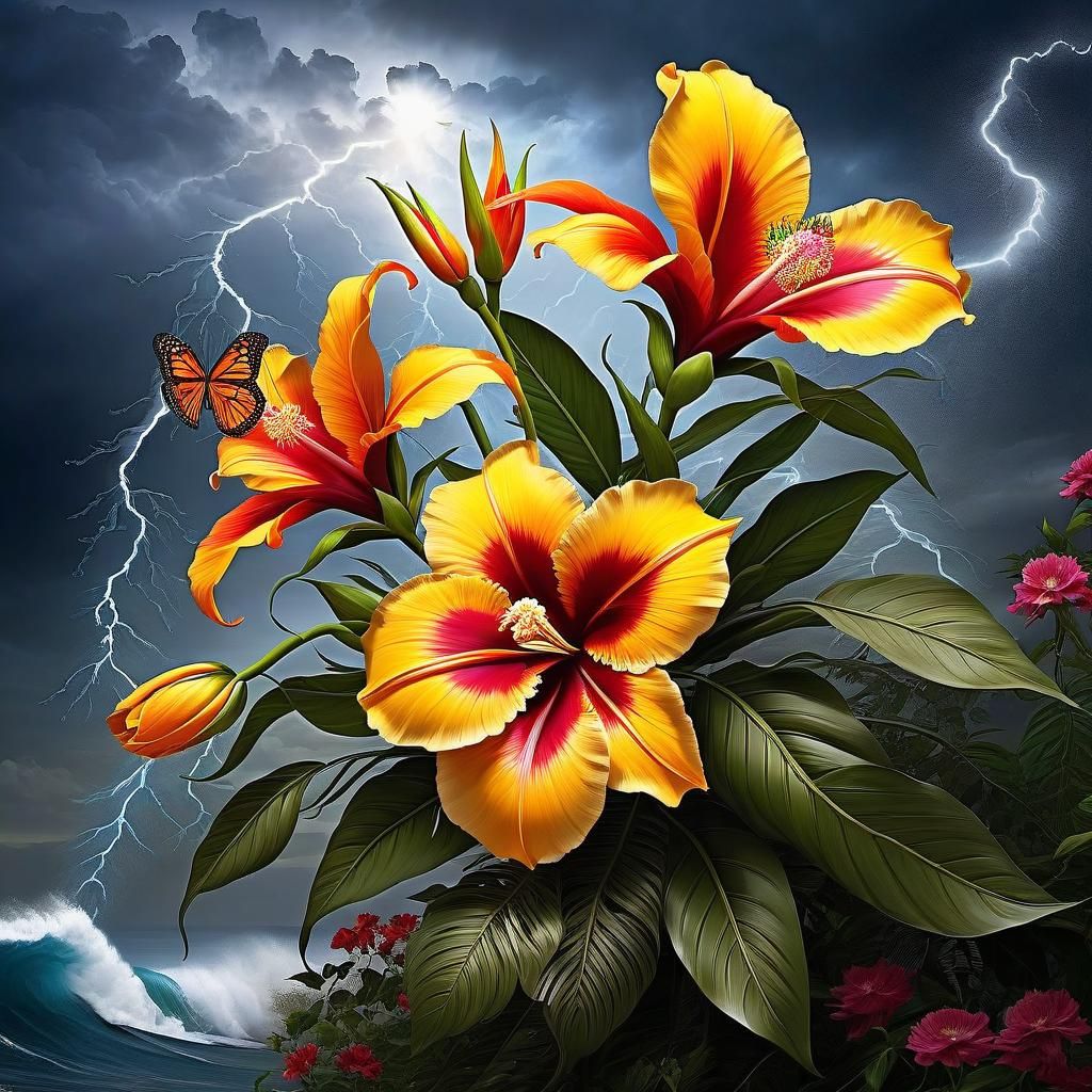 Exotic Flowers Creating a Windstorm: Abstract Floral Art