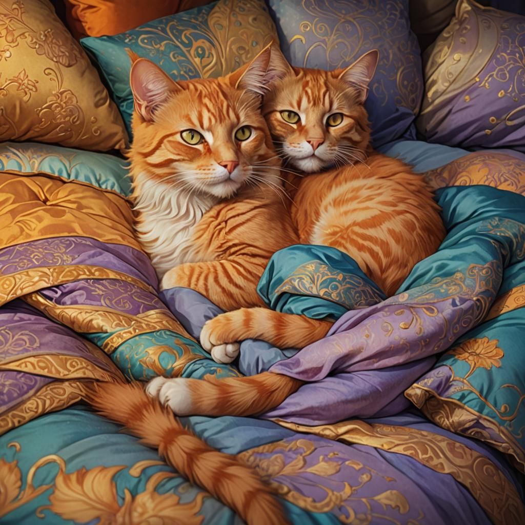 Orange Cat Cuddling: Whimsical Fantasy Illustration