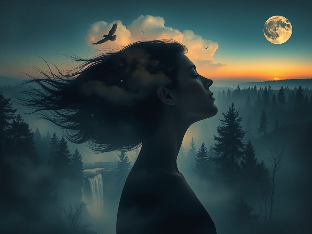 Serene Woman in Ethereal Twilight Landscape
